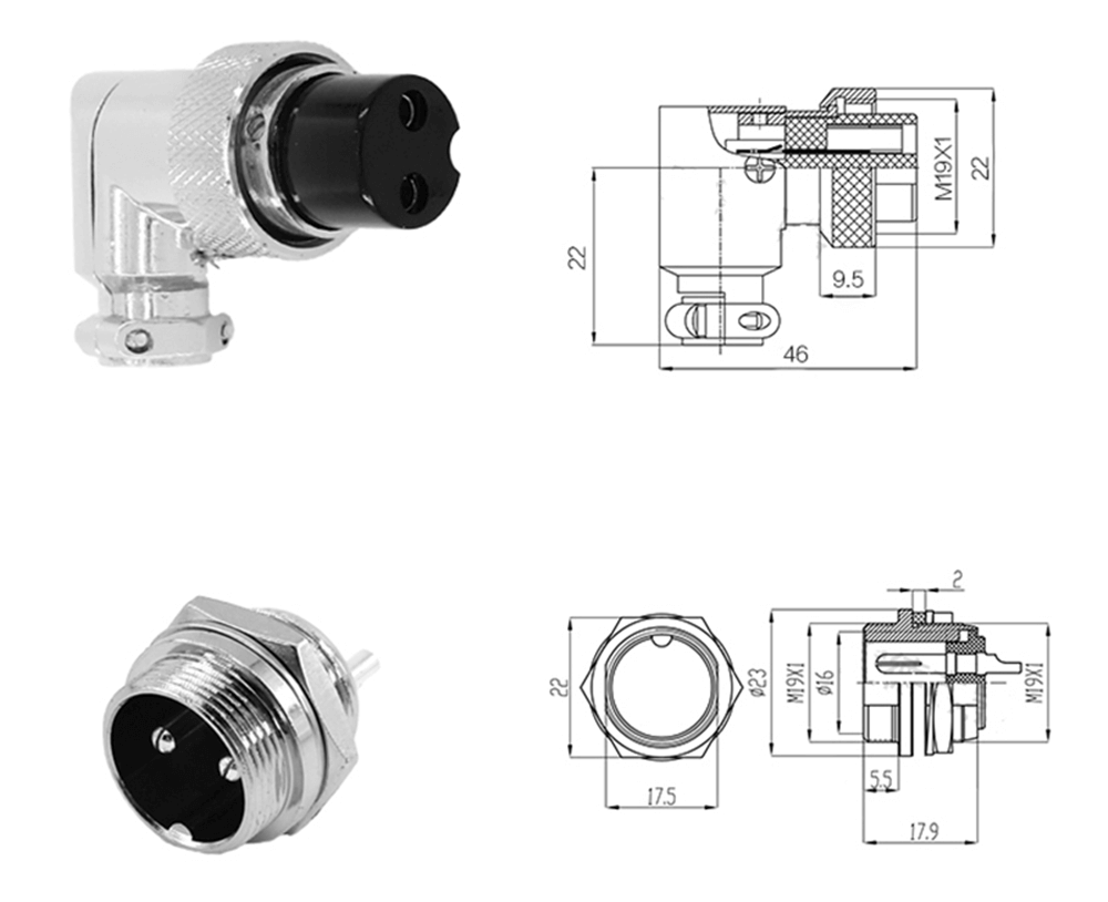 GX20 Connector 2 Pin Angled Female Plug Aviation Wrie Connector Metal Male Socket Back Mount Solder Cup