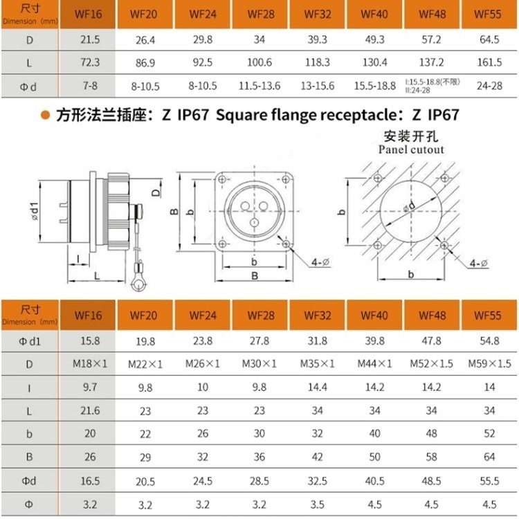 Male Plug and Female Jack Connector 7pin Straight cable square Socket TI+Z WF16 Waterproof Connector