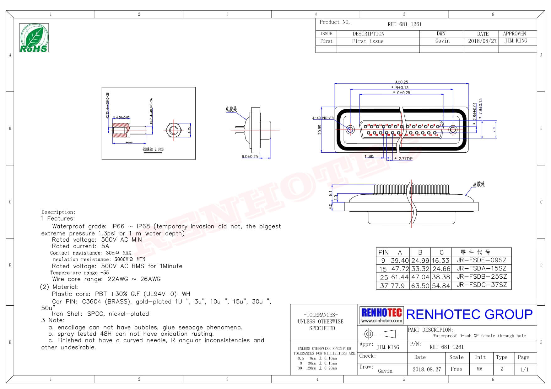 D sub 25 Pin Female Connector Standard IP67 type 2 Rows Through Hole Panel Mount With Harpoon