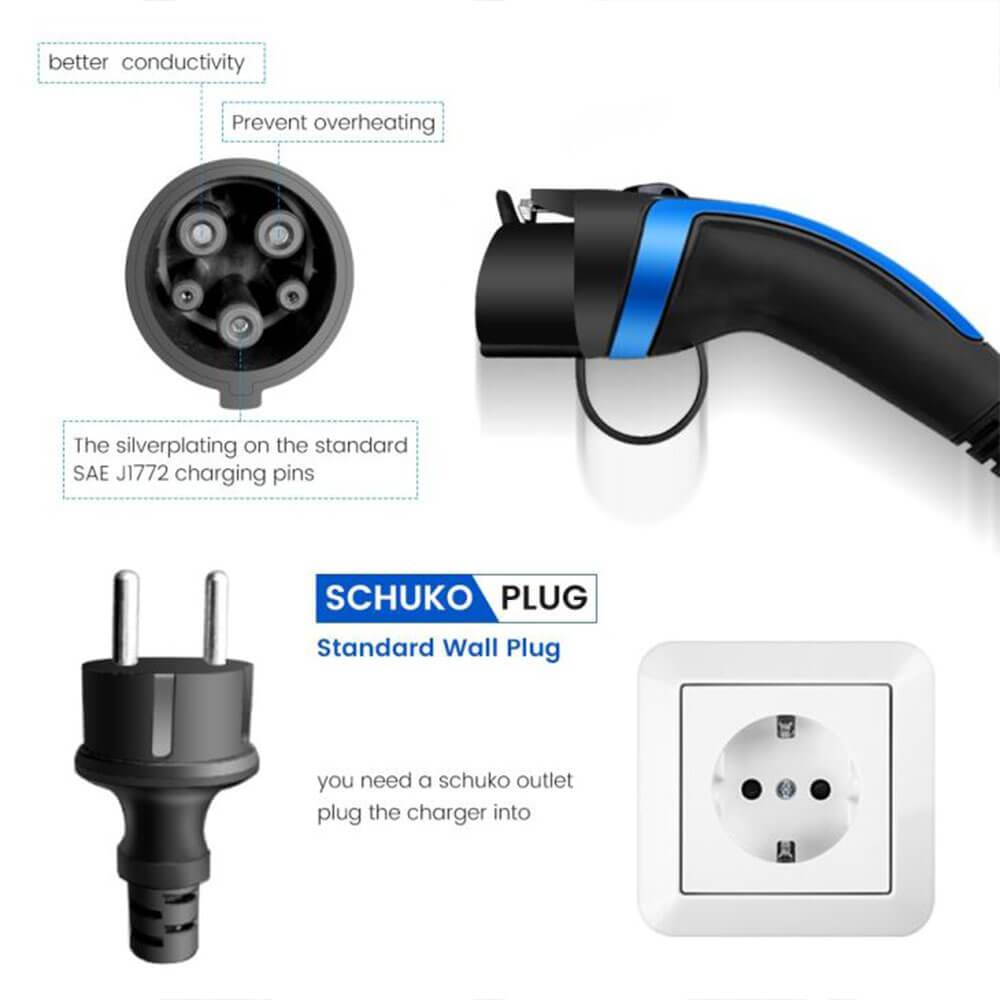 Type 1 EV Charger SAE j1772 Plug Portable Charger for Electric Vehicle 16A with Schuko Plug