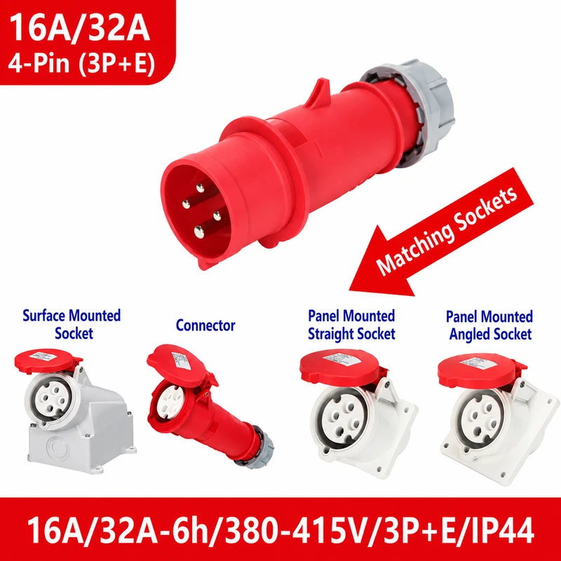 Waterproof Industrial Connector Socket 4Pin 32A 380-415V 3P+E IP44