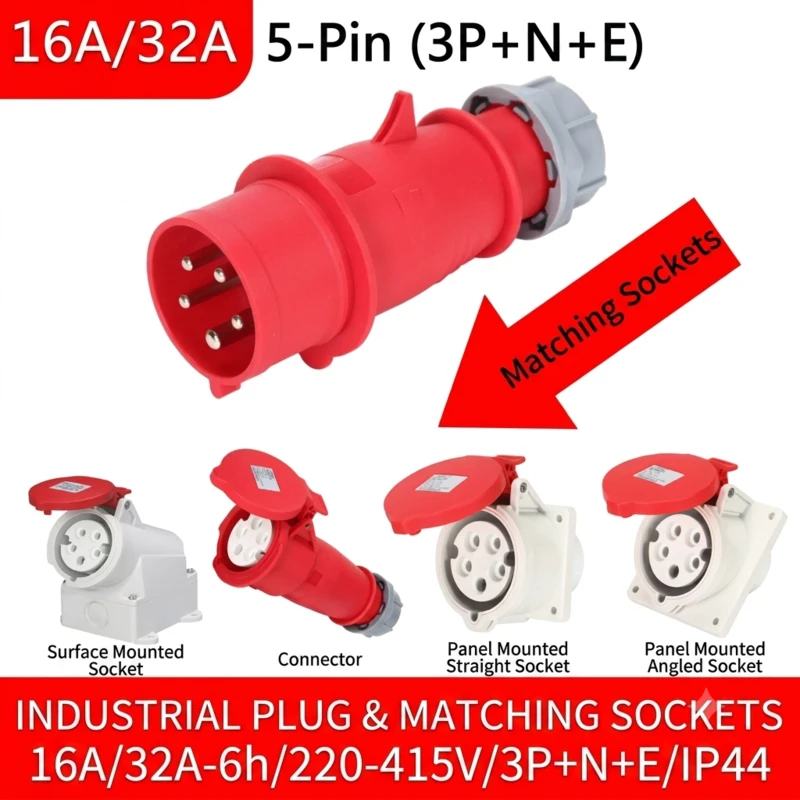 Waterproof Industrial Connector Socket 4Pin 32A 380-415V 3P+E IP44
