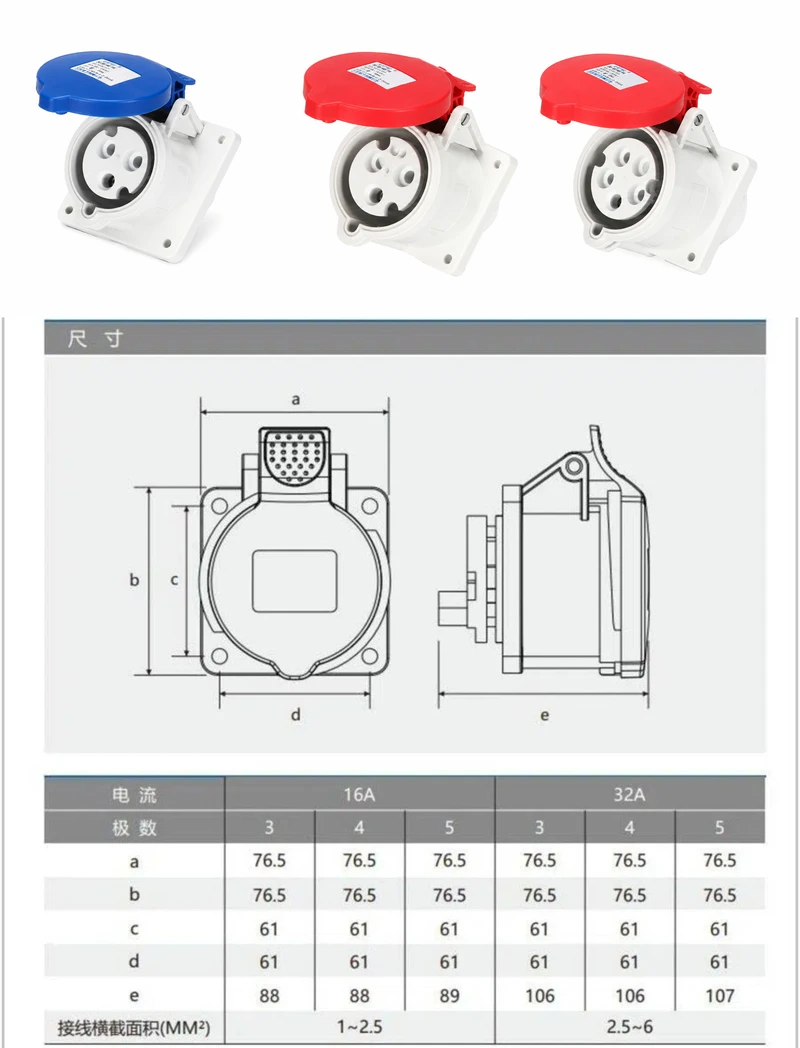Waterproof Industrial Connector Socket 4Pin 32A 380-415V 3P+E IP44