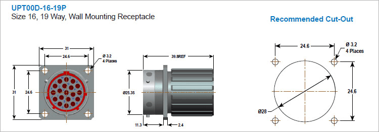 UPT06D-16-19S UPT00D-16-19P Military Spec Connectors 19pin Automotive Connector