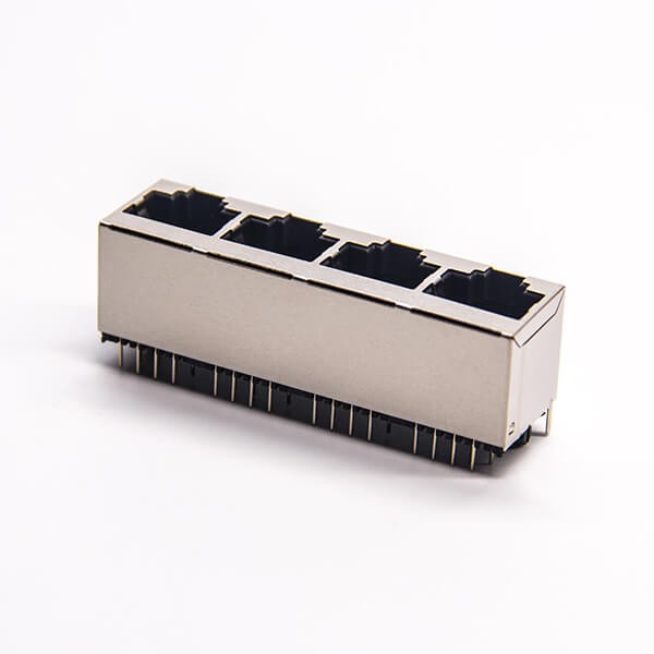 4 Port RJ45 Jack 180 Degree Shielded Connector Through Hole PCB Mount