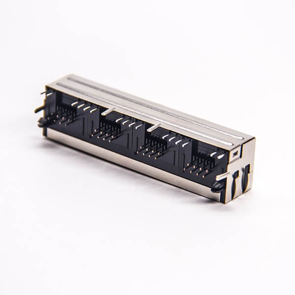 4 Port RJ45 PCB with LED Right Angled Through Hole PCB Mount with EMI