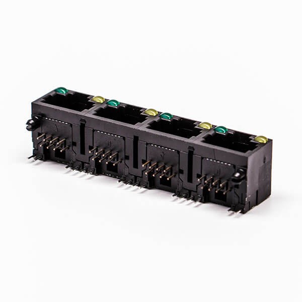 4 RJ45 Female Connector 4 Port 1*4 Black R/A Unshield With LED for PCB
