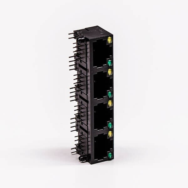 4 RJ45 Female Connector 4 Port 1*4 Black R/A Unshield With LED for PCB