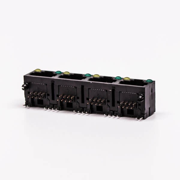 4 RJ45 Female Connector 4 Port 1*4 Black R/A Unshield With LED for PCB