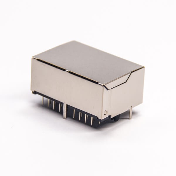 Dual Port RJ45 Connector Right Angled Through Hole with EMI Shielded Jack
