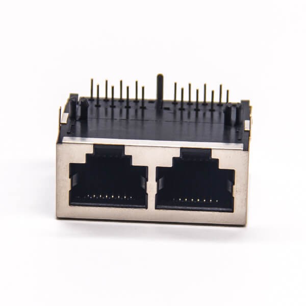 Dual Port RJ45 Connector Right Angled Through Hole with EMI Shielded Jack