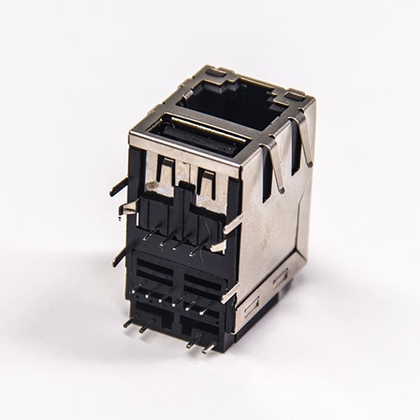 Filtered RJ45 Coupler 90 Degree Shielded Double Port with LEDS with EMI Netword Connector