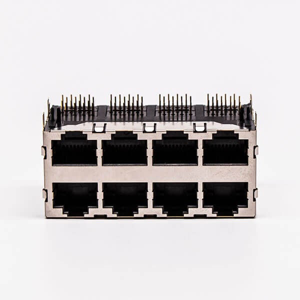 RJ45 Double Female Connector 8 Port 2*4 without LED and with Shield for PCB