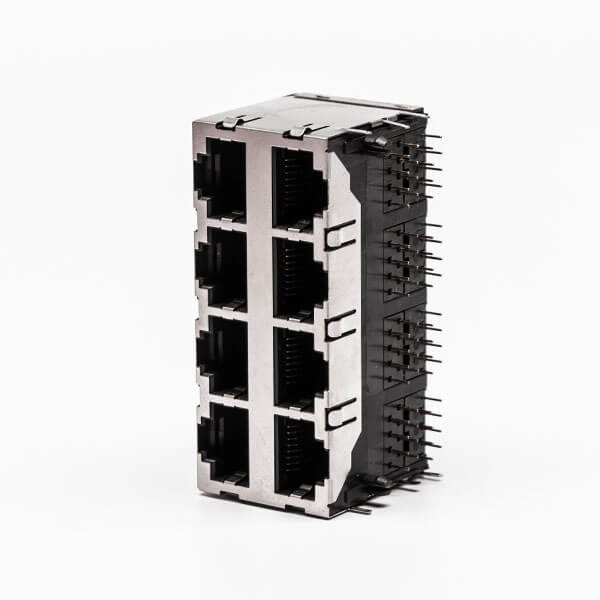RJ45 Double Female Connector 8 Port 2*4 without LED and with Shield for PCB