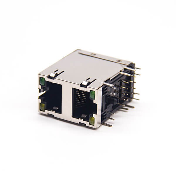 RJ45 Double Socket Stacked Type Shielded Jack 90 Degree Through Hole with LED