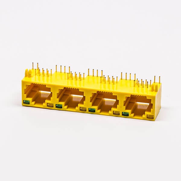 RJ45 Female 4 Port 90 Degree Connector 4 Port 8P Yellow Unshield With LED