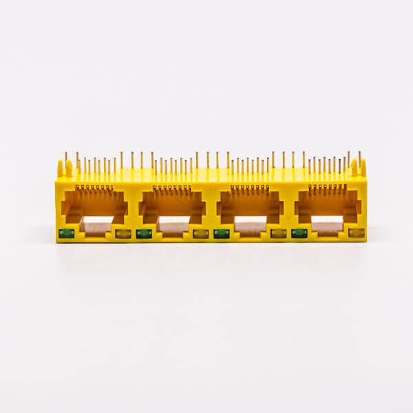 RJ45 Female 4 Port 90 Degree Connector 4 Port 8P Yellow Unshield With LED