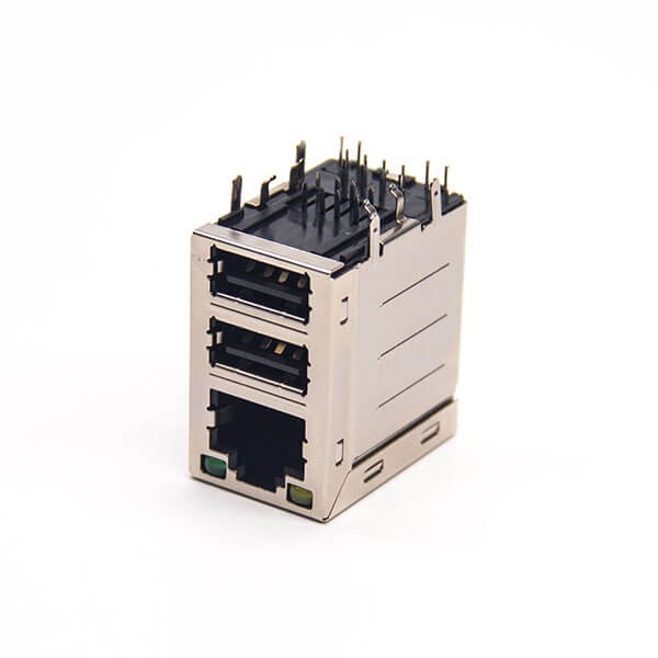 Stacked USB RJ45 Connector 2 USB Port Right Angled with LED DIP Type