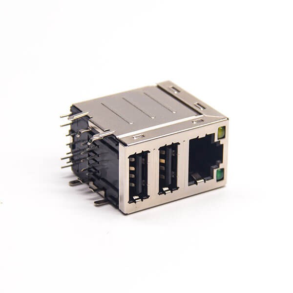 Stacked USB RJ45 Connector 2 USB Port Right Angled with LED DIP Type