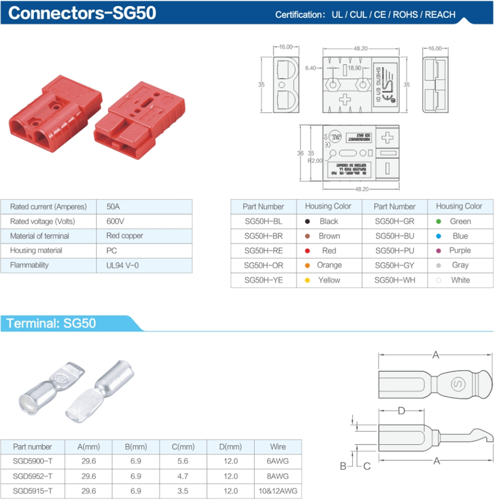 2 Way 600V 50Amp Grey Housing Battery Power Cable Connector with Red Plastic T-Bar Handle
