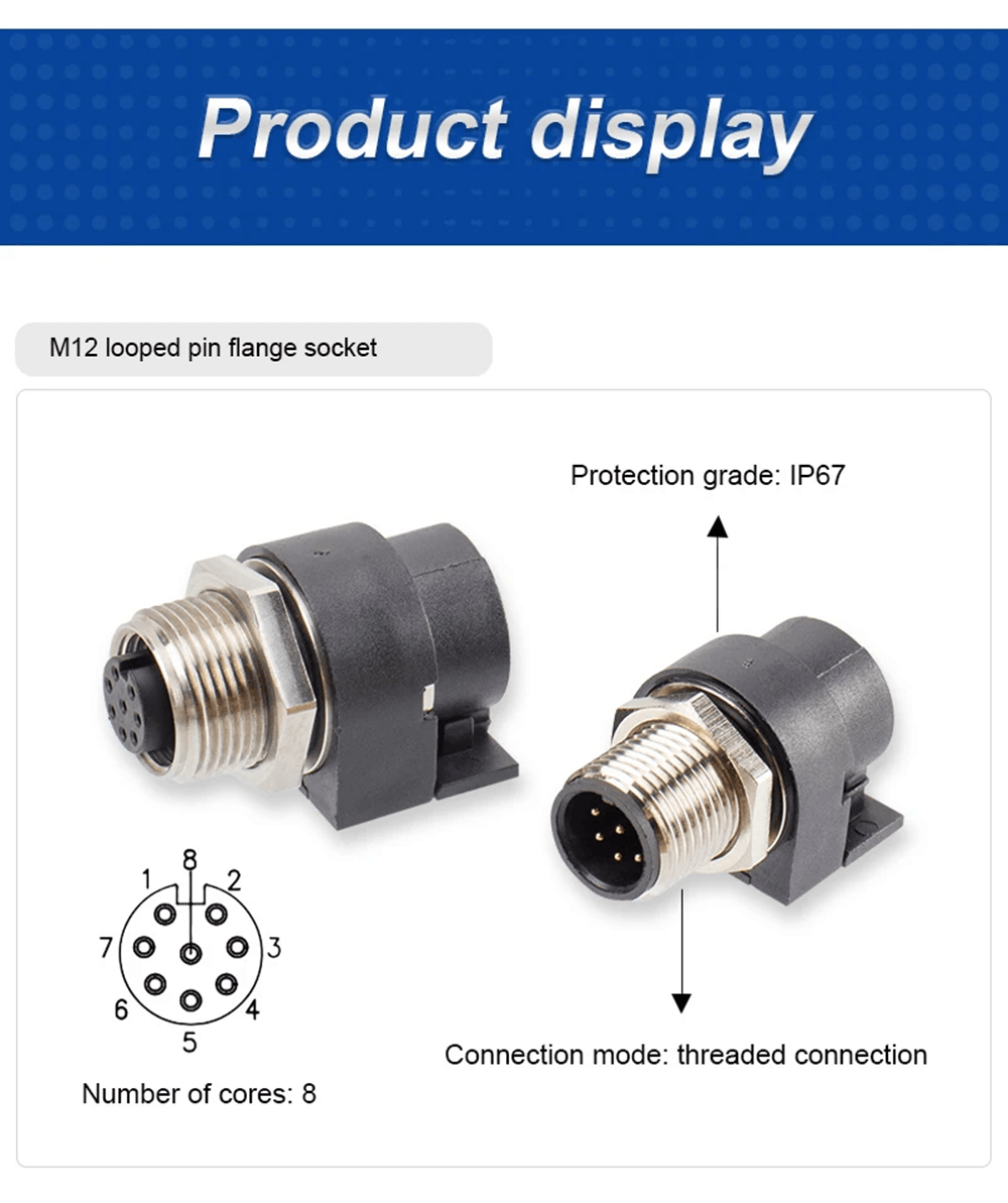 M12 Waterproof Connector 8Pin Male A Code Right Angled PCB Mount Socket 360° Full Shielding Connector
