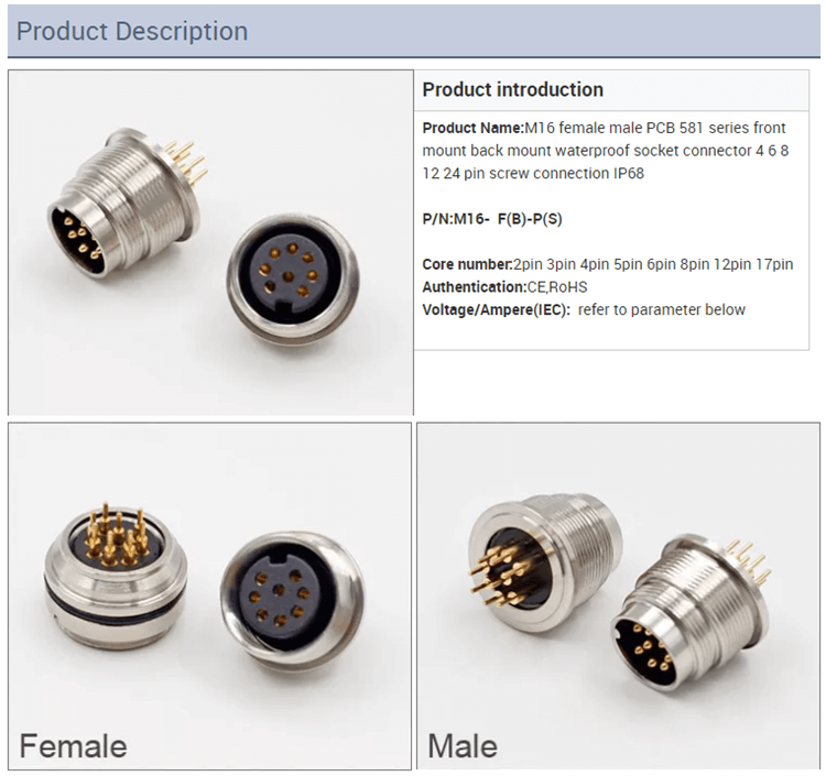 M16 5pin Pcb Connector Panel Mount Ip67 Female A Coded 180 Degree Front mount Panel Receptacles Solder PCB Connector