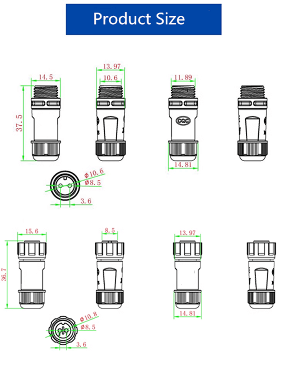 Nylon 2pin IP67 waterproof power male female m12 connector Docking Solder Type For Cable Connector for LED Strips