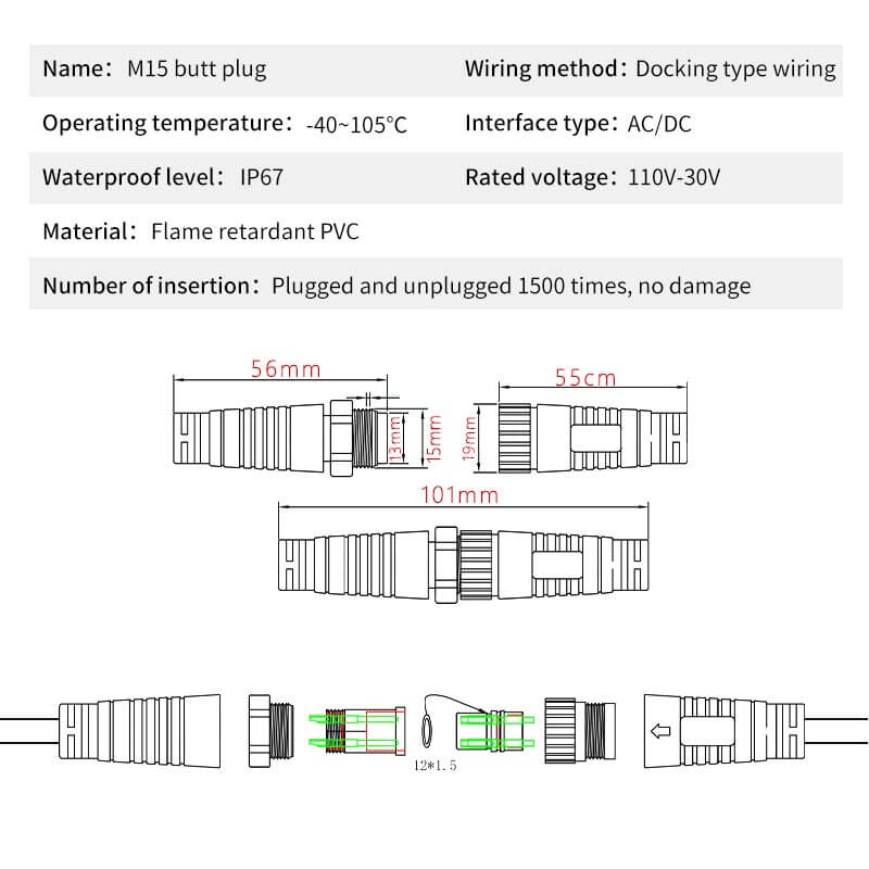 Waterproof Male Female Plug M15 Connector 2Pin Industrial Aviation LED Power Cord Automobile Plug-in 1.5 Square Cable
